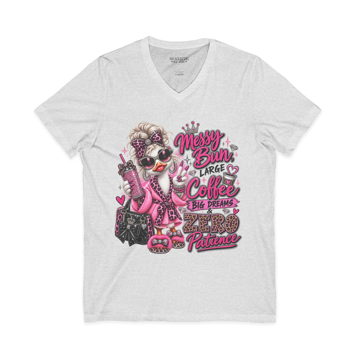 Messy Bun, Big Coffee V-Neck Tee — Funny Mom Graphic T-Shirt