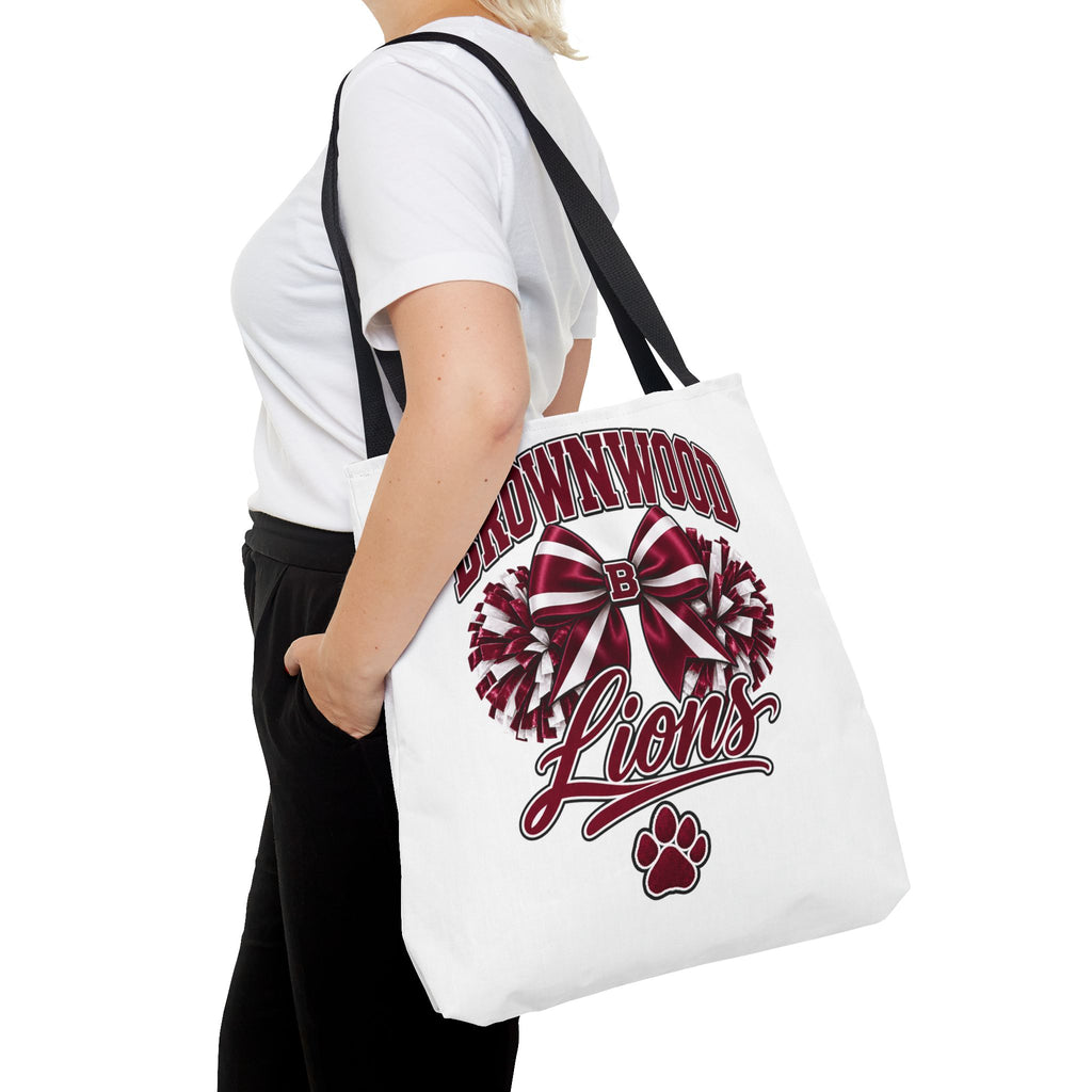 Brownwood Lions Cheer Tote Bag — School Spirit Bow & Pom-Pom Design