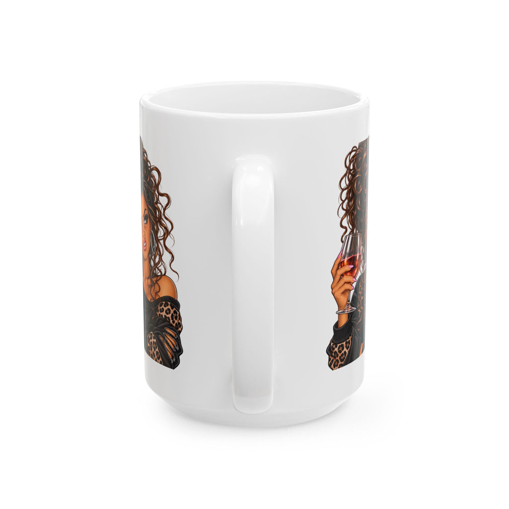 Curly Hair Woman Holding Wine Ceramic Mug – Stylish Coffee Cup Gift for Her (11oz, 15oz)