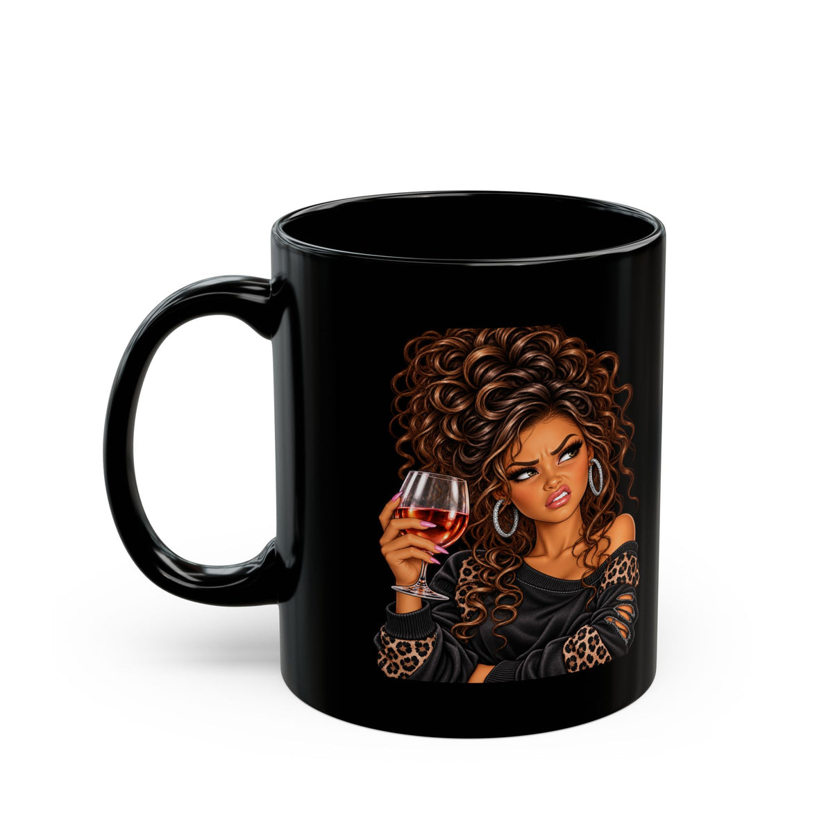 Black Ceramic Mug — Sassy Woman with Wine Illustration
