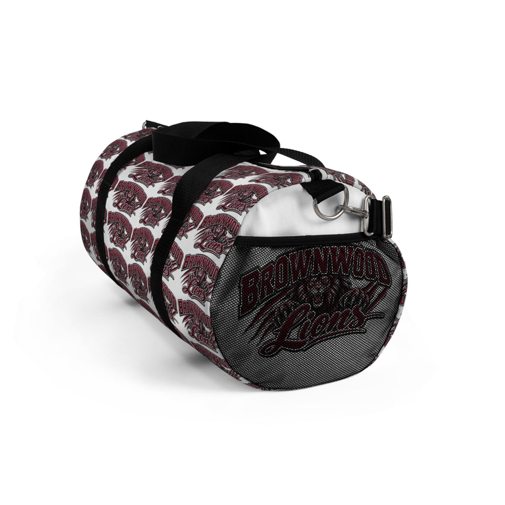 Maroon Script Logo Duffel Bag — Repeat Pattern Travel Gym Bag