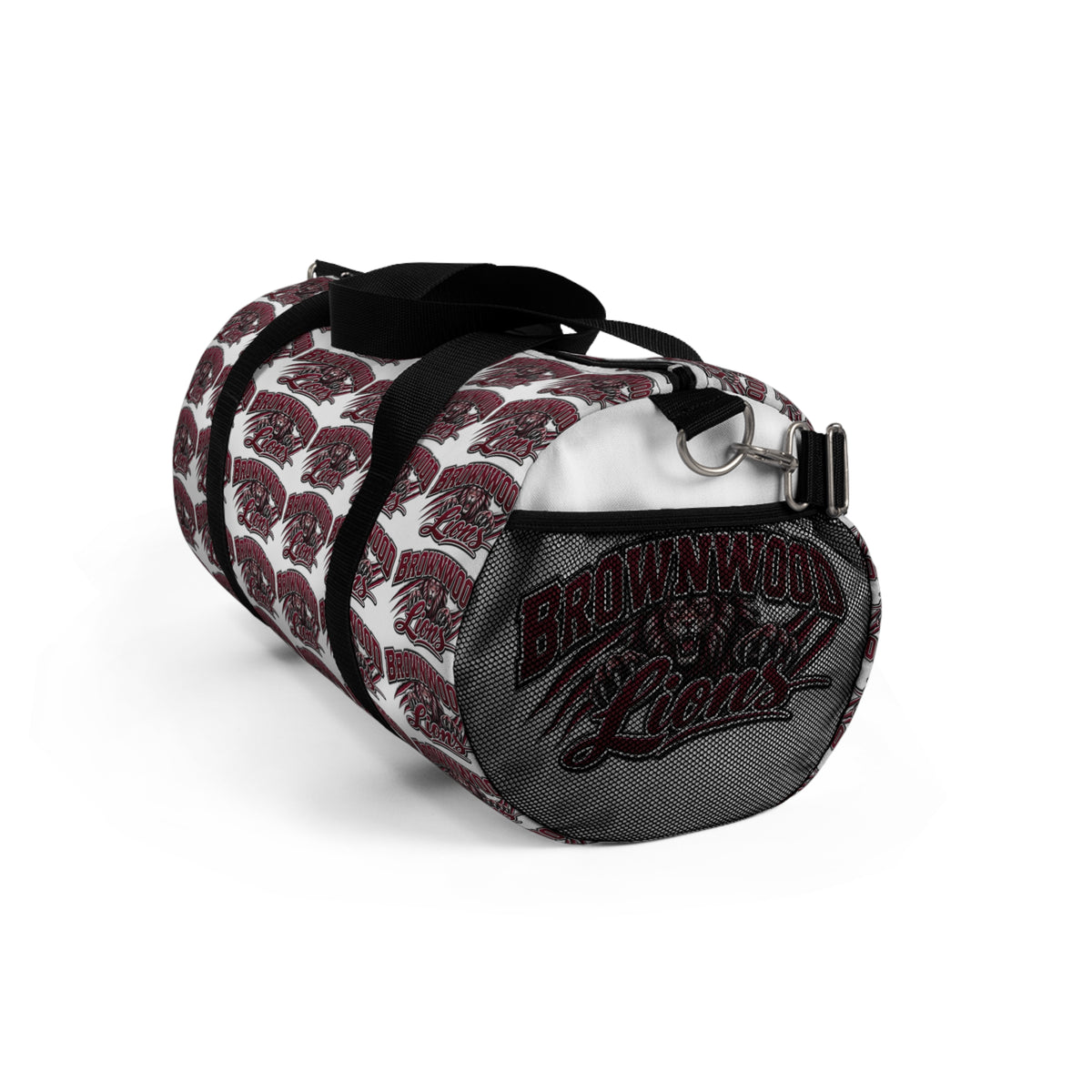 Maroon Script Logo Duffel Bag — Repeat Pattern Travel Gym Bag