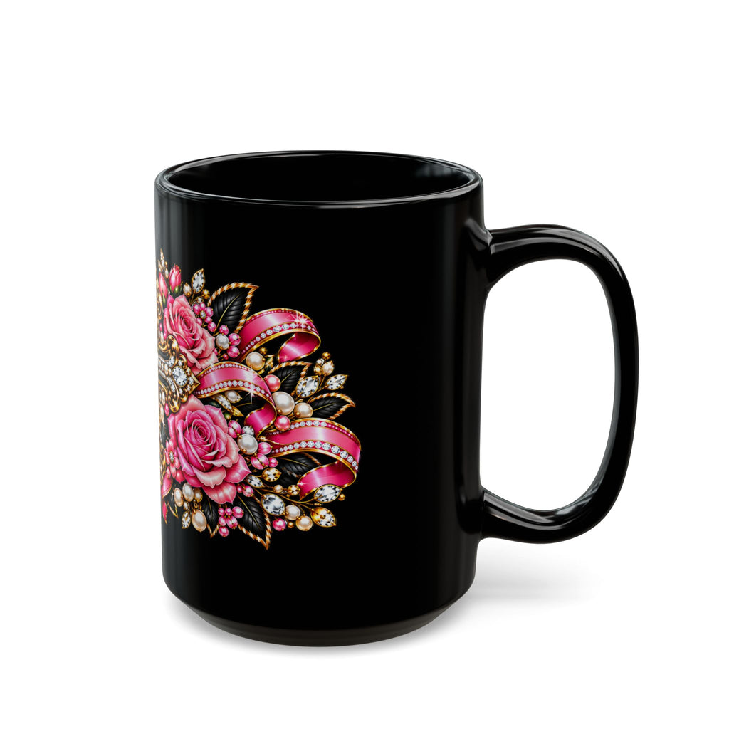 Floral Cross Black Mug – Gothic Rose Christian Gift