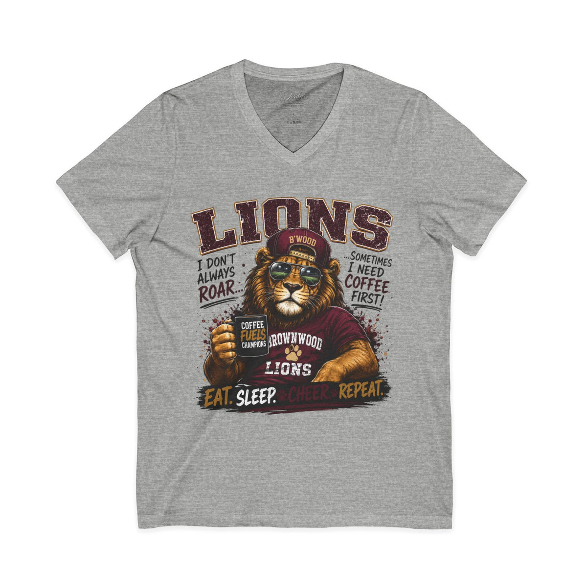 Lions Coffee V-Neck Tee — "I Don't Always Roar" Retro Lion Graphic