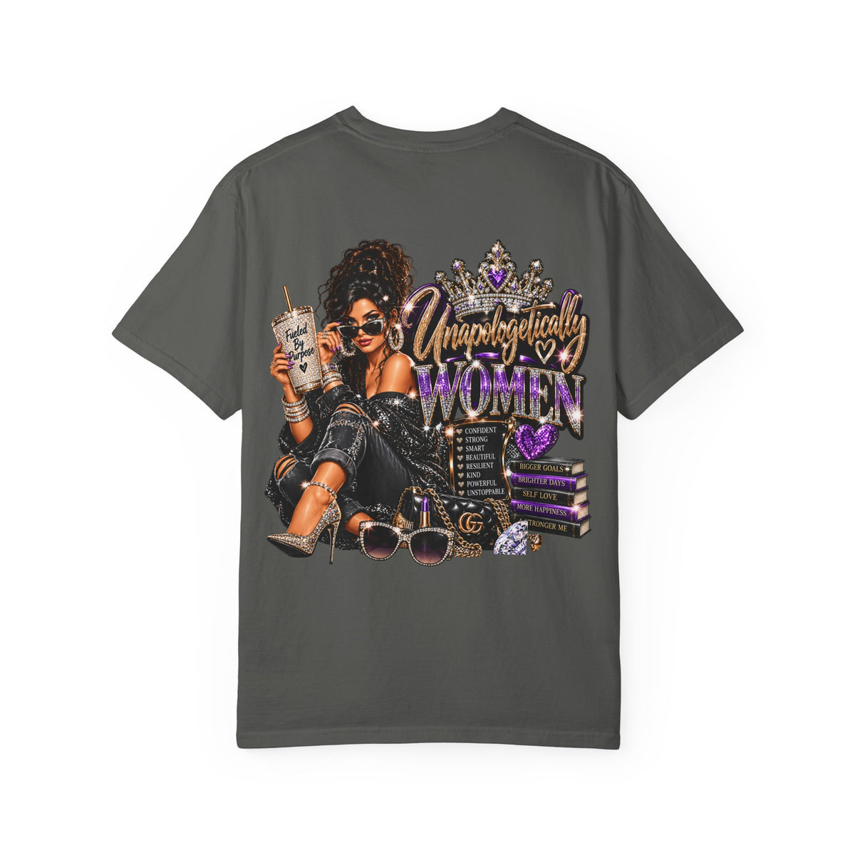 Unapologetically Women T-Shirt — Empowerment Graphic Tee with Crown, Books & Fashion Illustration