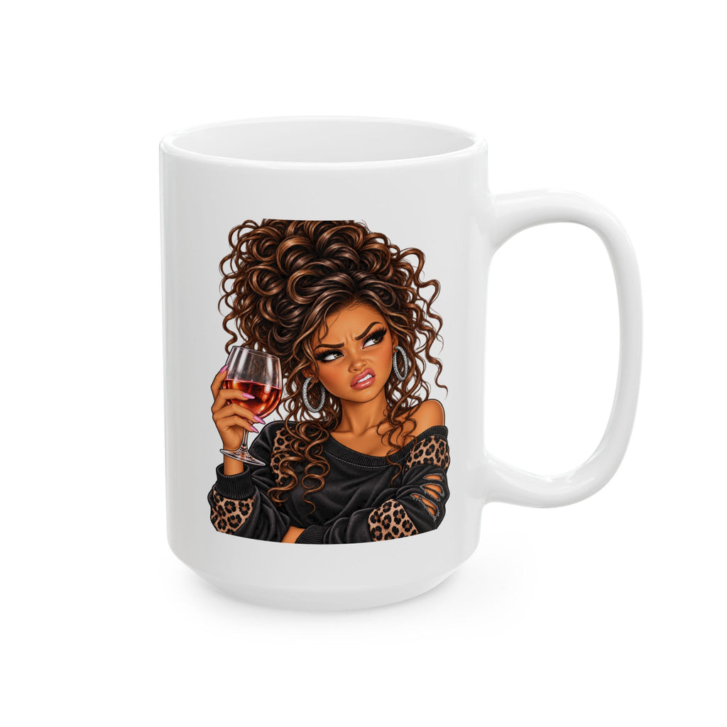 Curly Hair Woman Holding Wine Ceramic Mug – Stylish Coffee Cup Gift for Her (11oz, 15oz)