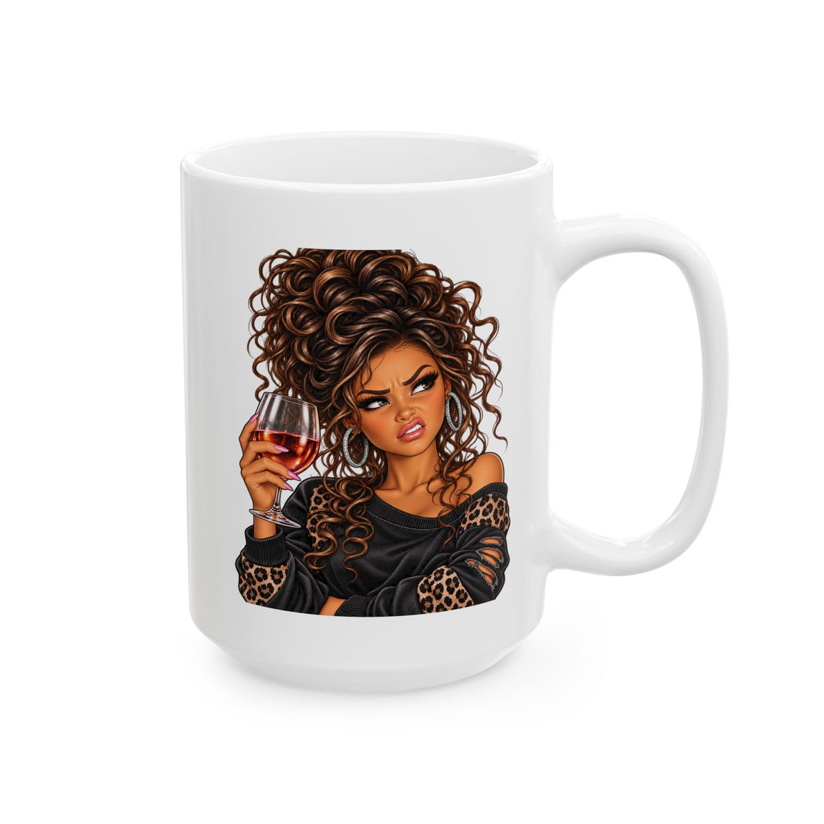 Curly Hair Woman Holding Wine Ceramic Mug – Stylish Coffee Cup Gift for Her (11oz, 15oz)