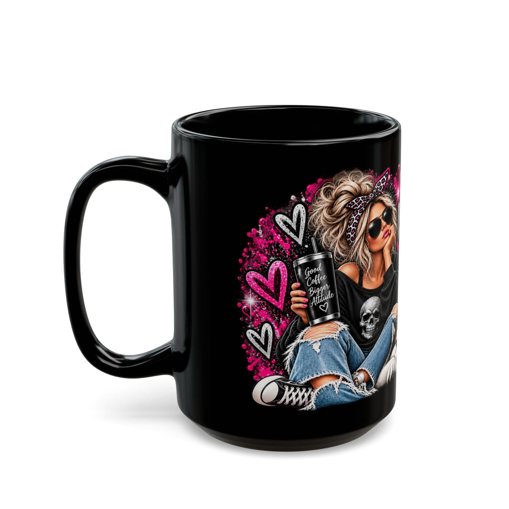 11oz/15oz Black Mug — "Some People Just Need a High Five in the Face with a Chair" Graphic Mug (Sassy Woman & Husky)