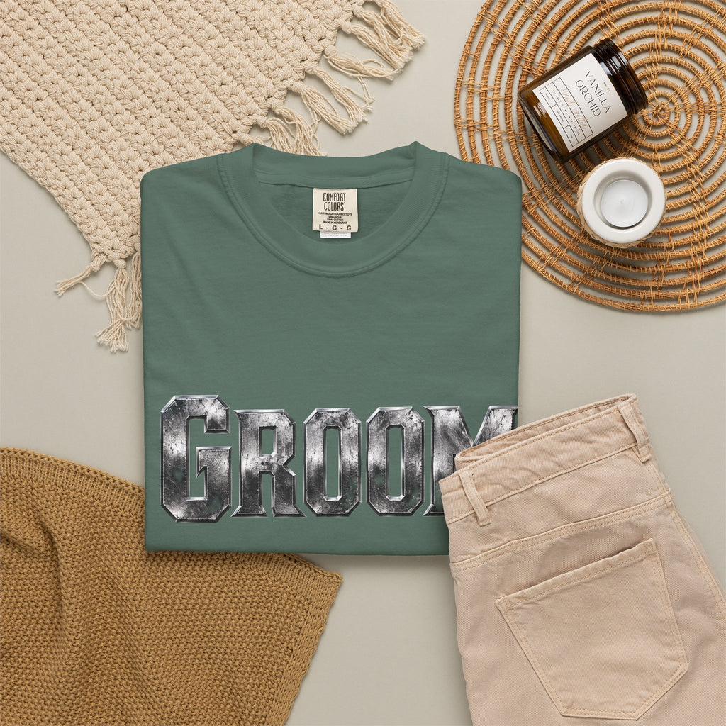 Groom Graphic T-Shirt — Metallic Lettering Wedding Tee for Grooms