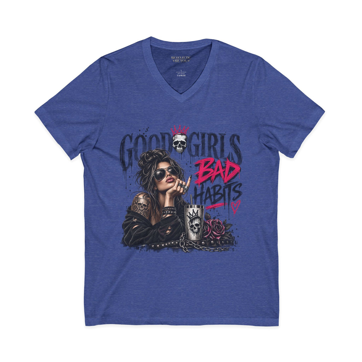 Good Girls Bad Habits V-Neck Tee – Edgy Rocker Graphic T-Shirt