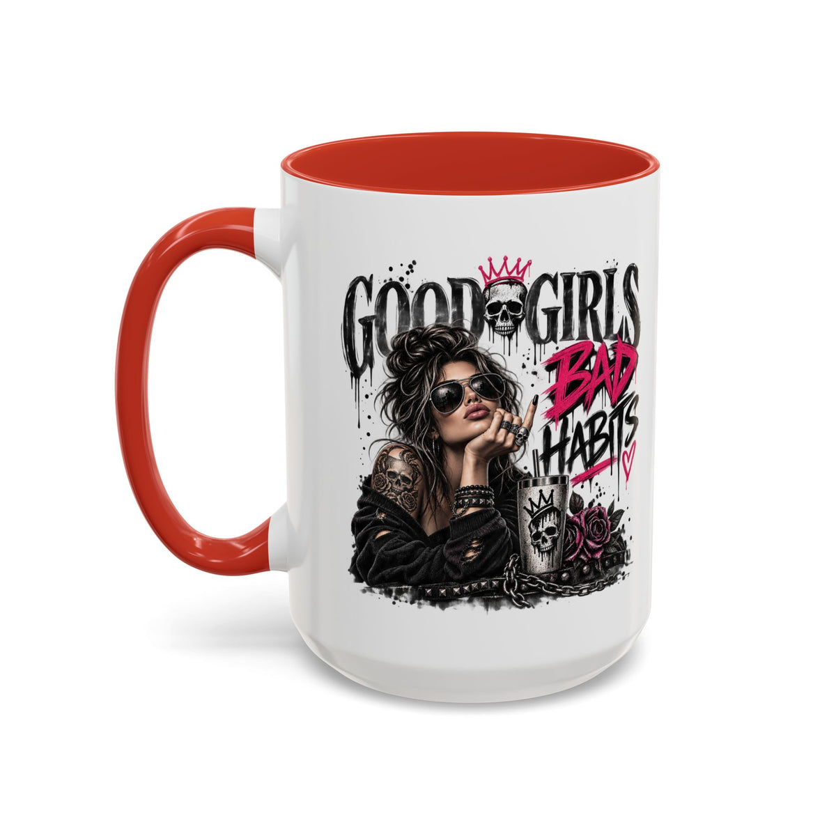 Good Girls, Bad Habits Accent Coffee Mug – Edgy Skull & Crown Design (11/15oz)