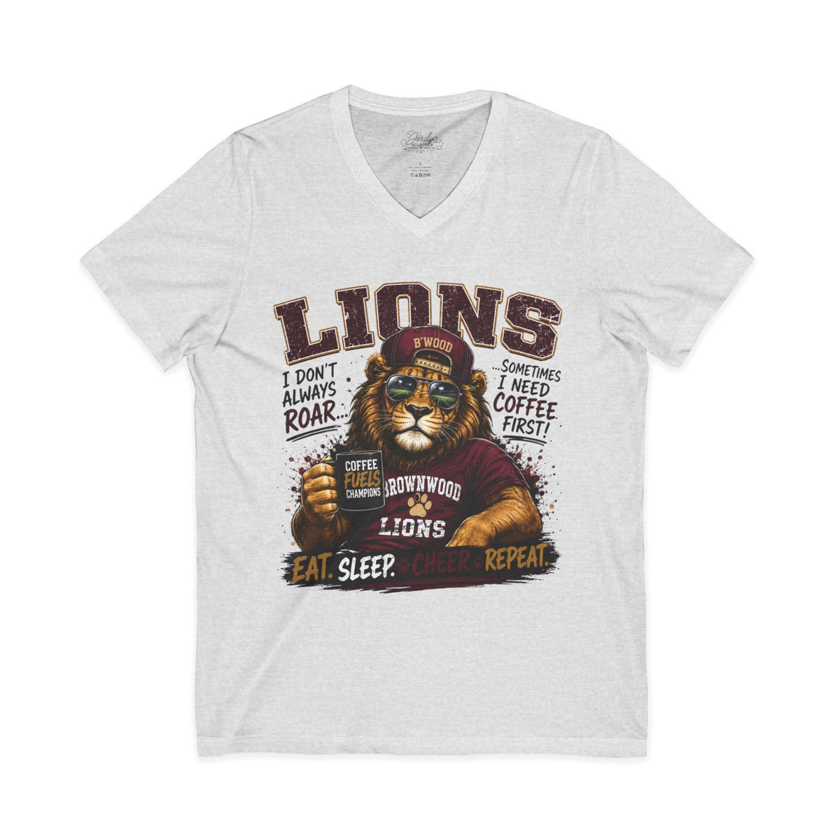 Lions Coffee V-Neck Tee — "I Don't Always Roar" Retro Lion Graphic