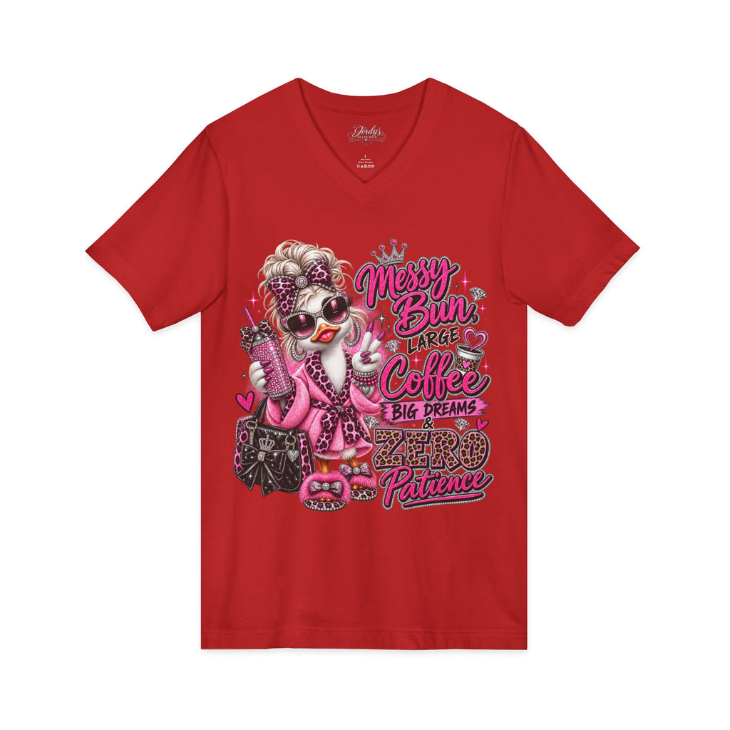 Messy Bun, Big Coffee V-Neck Tee — Funny Mom Graphic T-Shirt