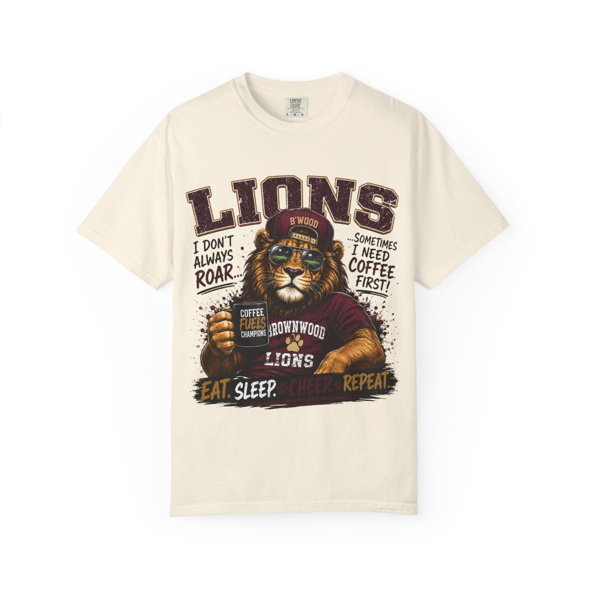 Lions Coffee Club T-Shirt — 'Eat. Sleep. Coffee. Repeat.' Graphic Tee