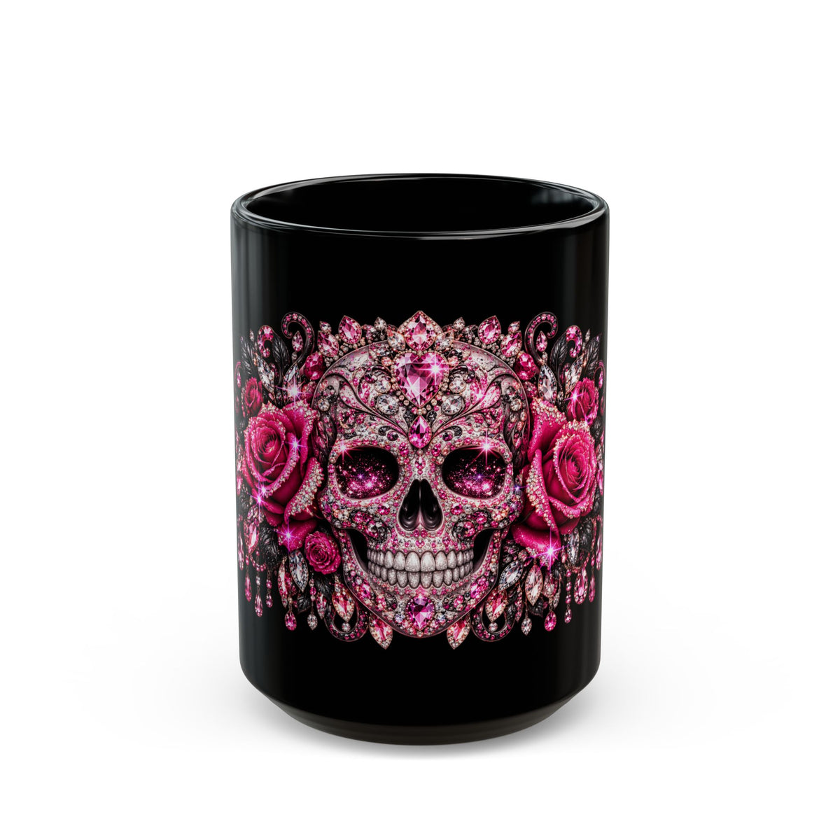 Pink Jeweled Sugar Skull Mug – Gothic Floral Coffee Cup (11oz & 15oz)