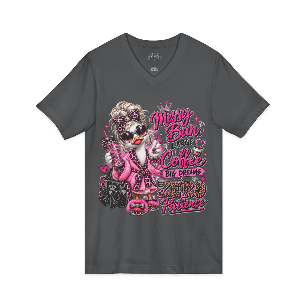 Messy Bun, Big Coffee V-Neck Tee — Funny Mom Graphic T-Shirt