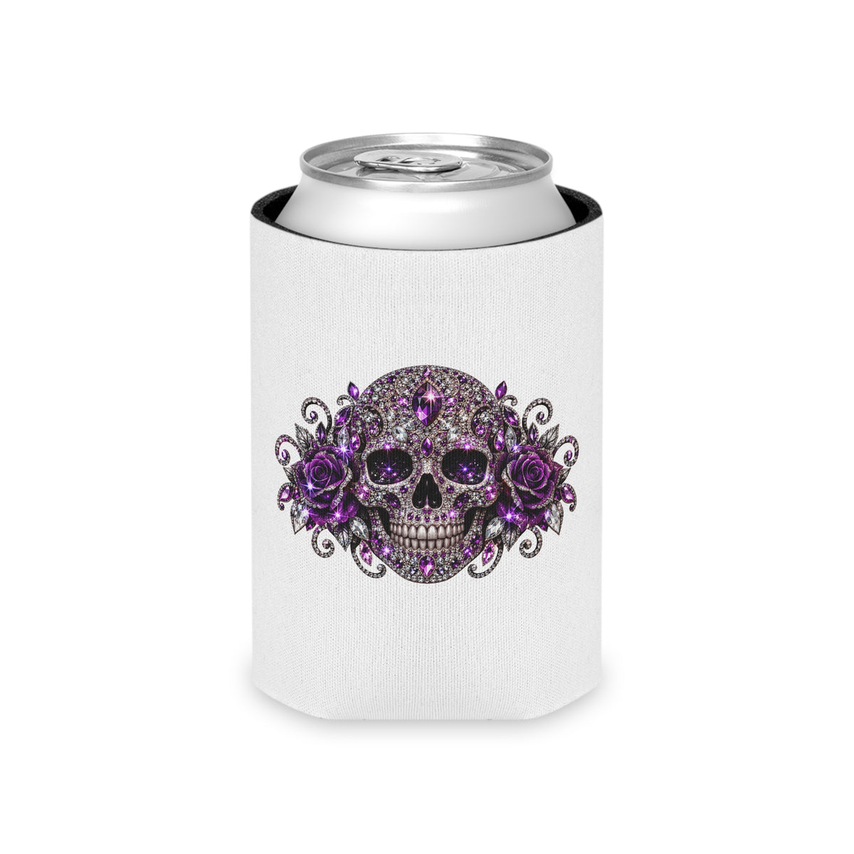 Purple Rhinestone Skull Can Cooler – Floral Gothic Beverage Koozie