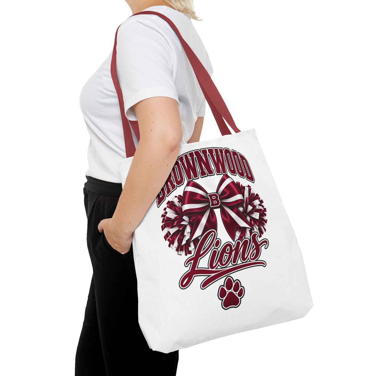 Brownwood Lions Cheer Tote Bag — School Spirit Bow & Pom-Pom Design