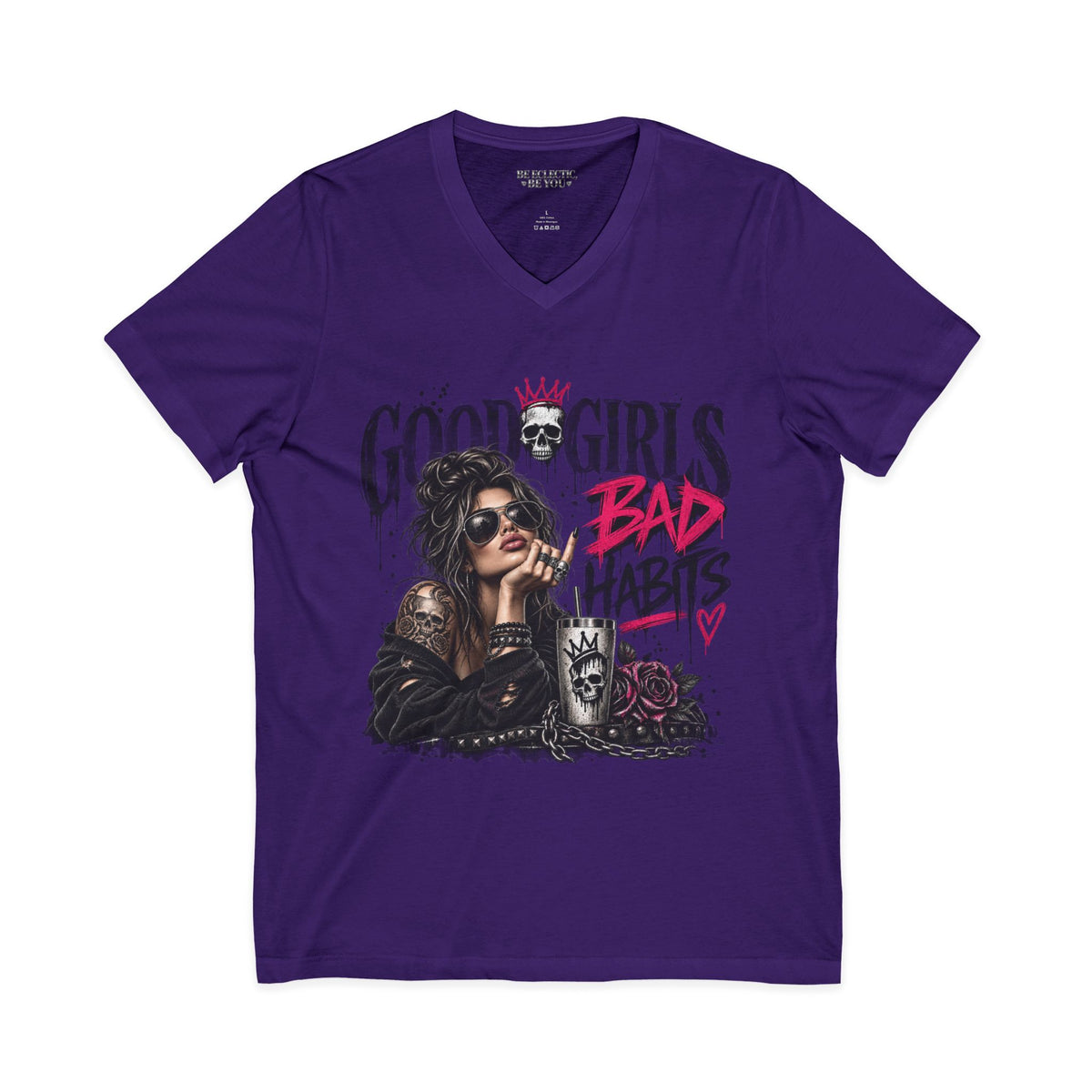 Good Girls Bad Habits V-Neck Tee – Edgy Rocker Graphic T-Shirt