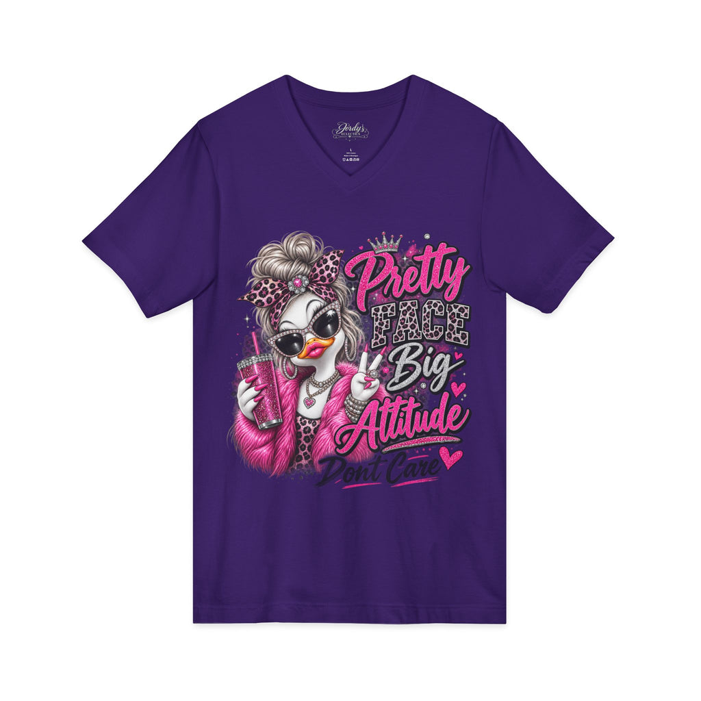 Pretty Duck Graphic V-Neck Tee — "Pretty Bigger Attitude Don’t Care"