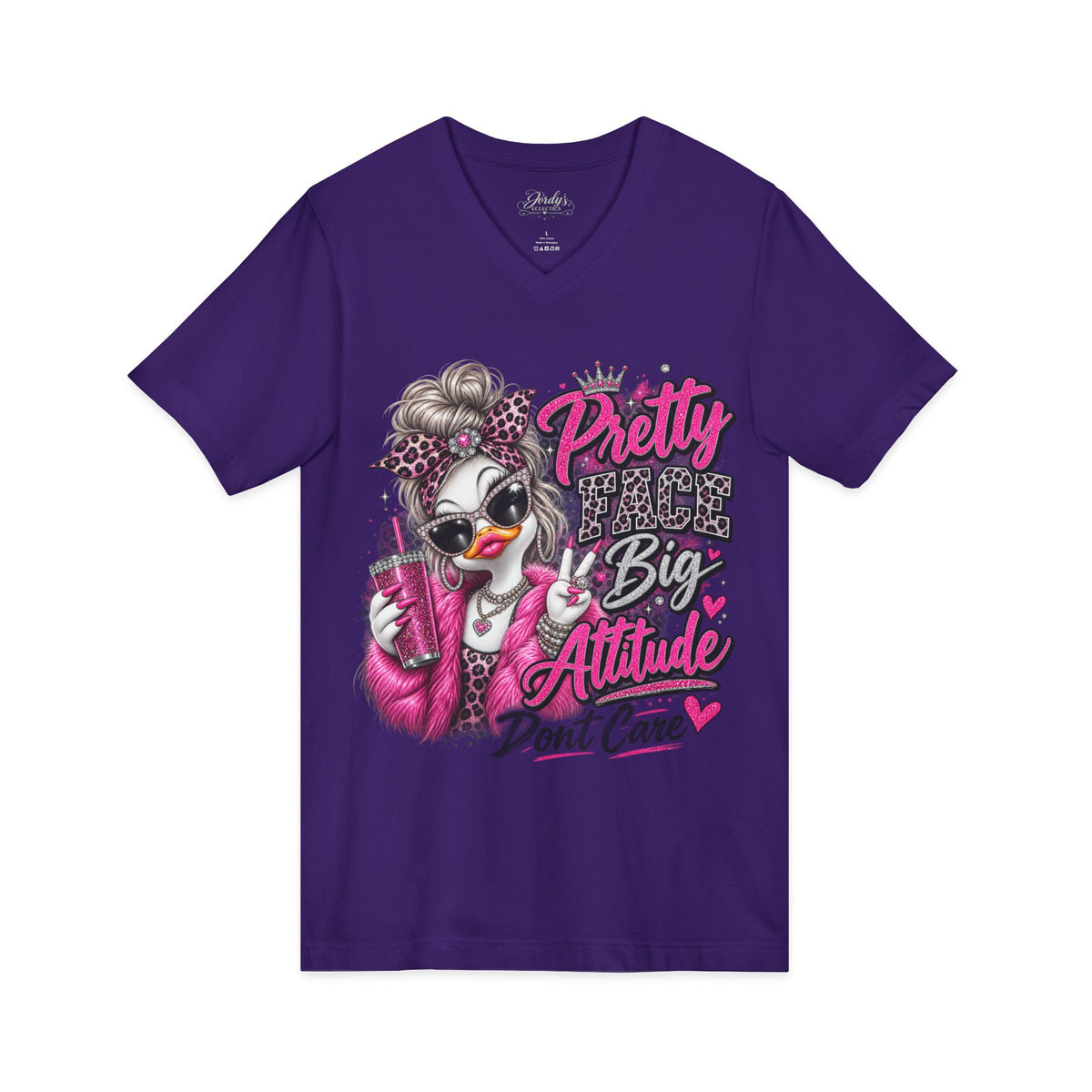Pretty Duck Graphic V-Neck Tee — "Pretty Bigger Attitude Don’t Care"