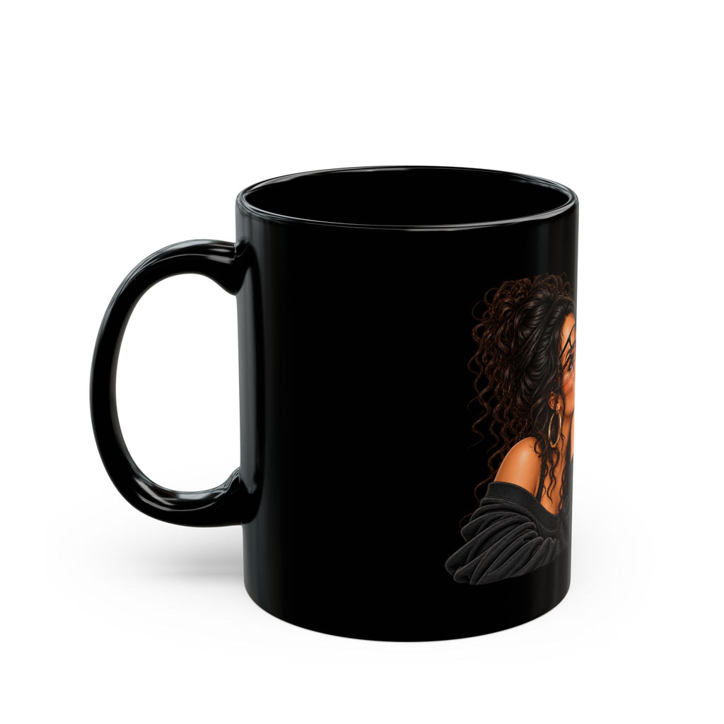 Black Ceramic Mug — "Me Trying to Find Out What I Saw in Him" Graphic Coffee Cup