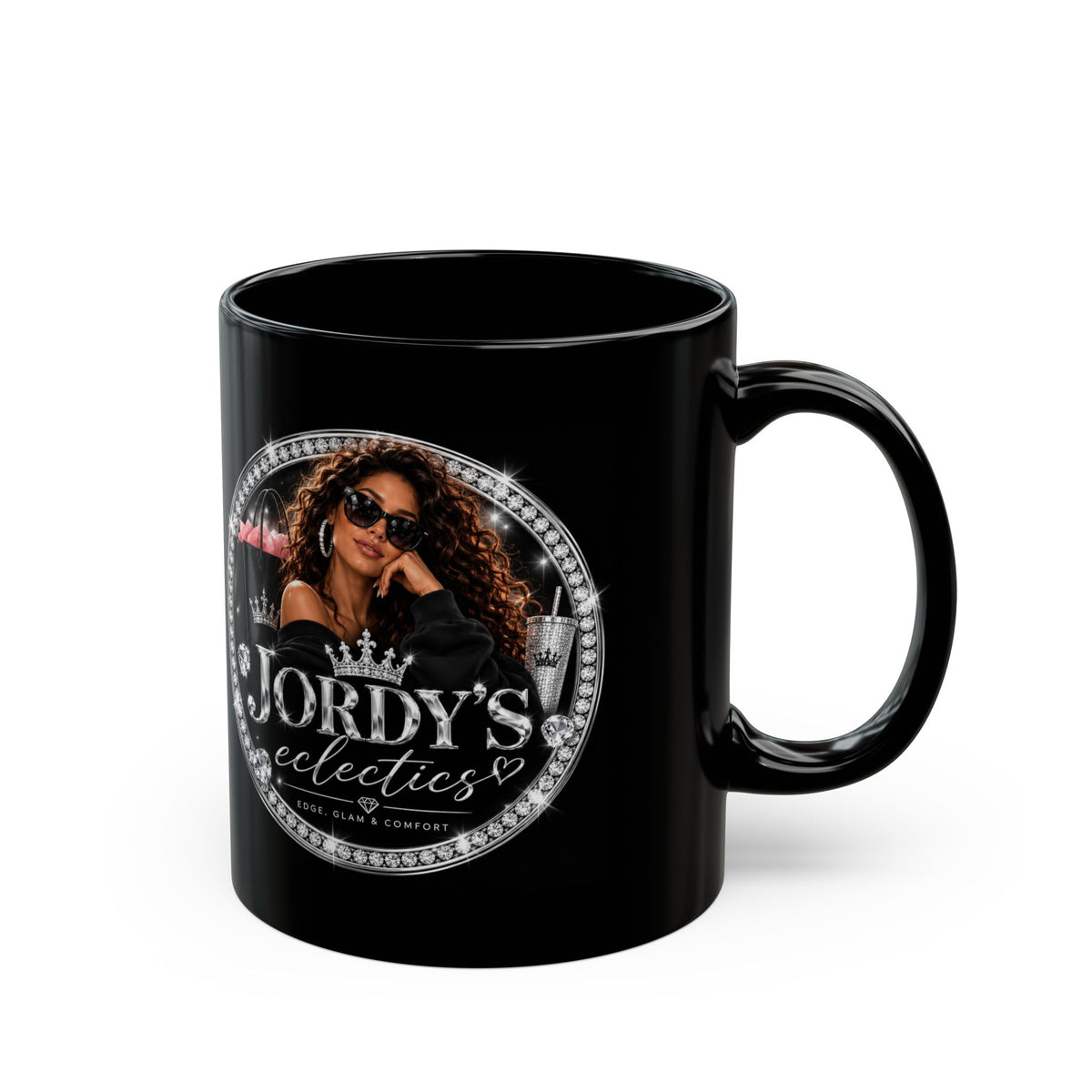Jordy’s Eclectics Black Coffee Mug – Glam Lady Logo Ceramic Cup (11oz & 15oz)