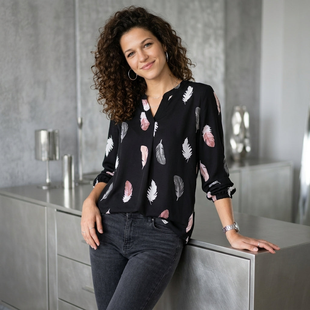 Feather Print Balloon-Sleeve Top