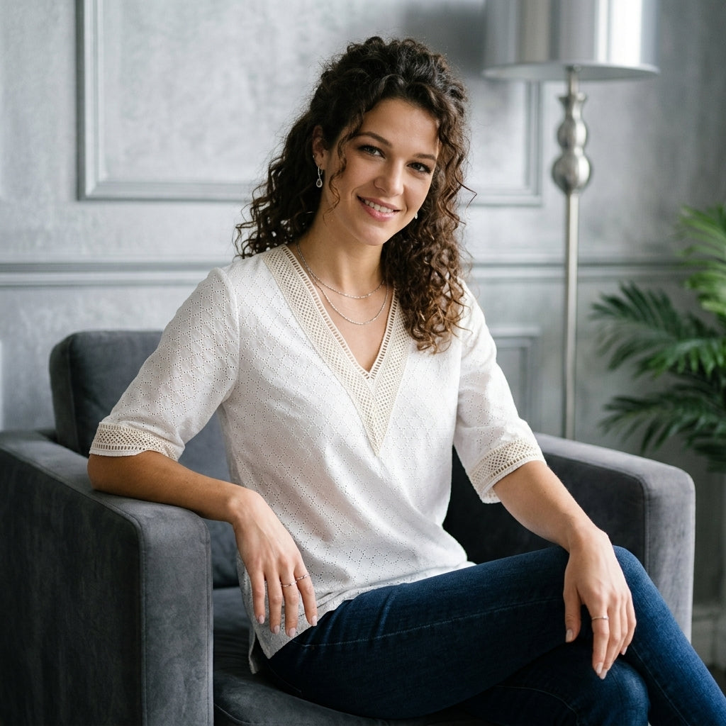 Openwork V-Neck Half-Sleeve Tee