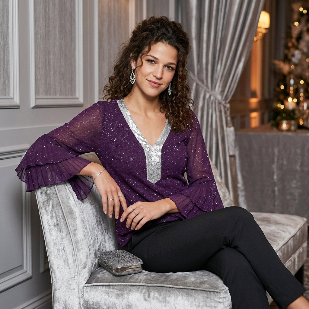 Sequin V-Neck Flounce Sleeve Blouse