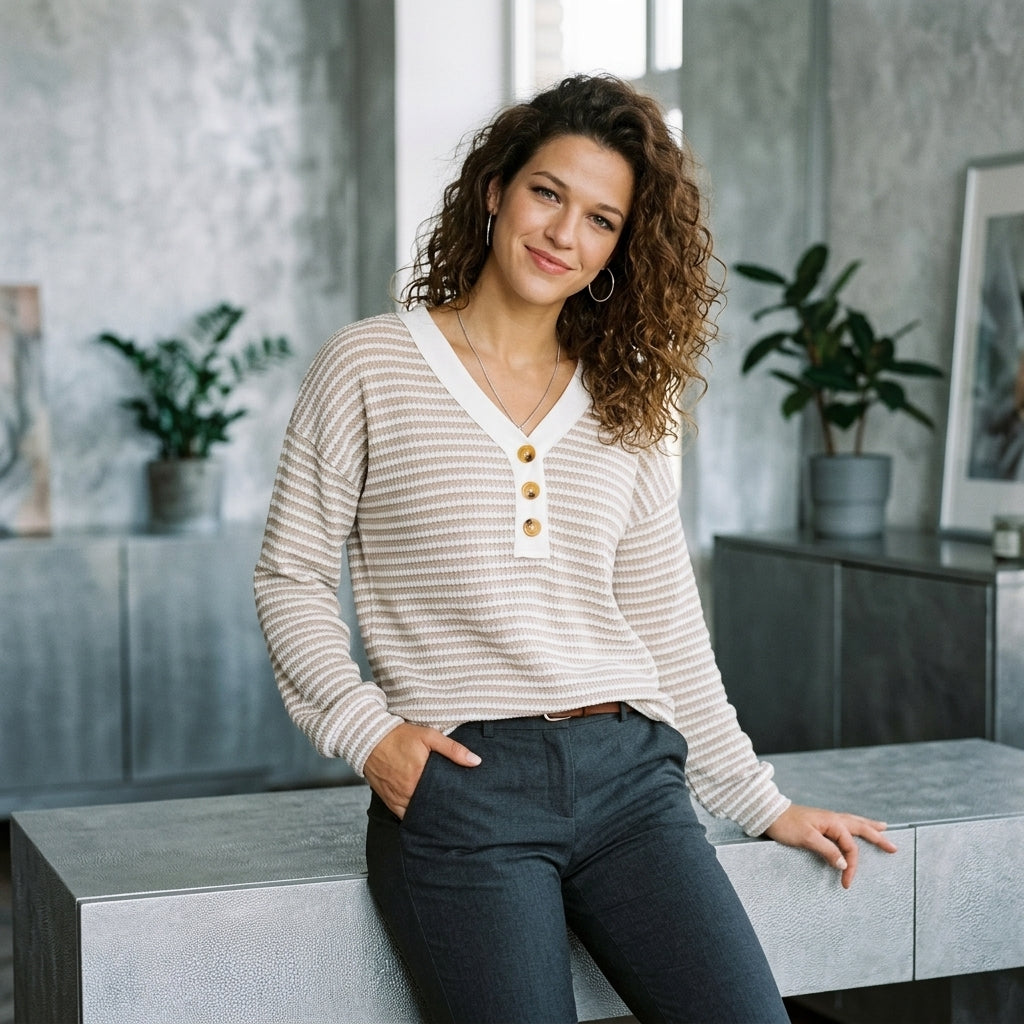 Striped Button-Front V-Neck Top