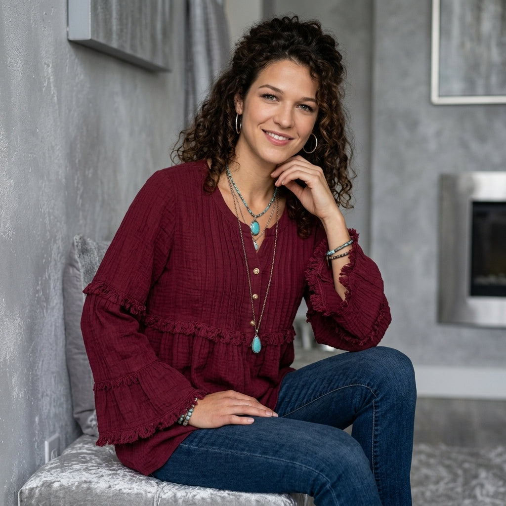 Fringe Trim Ruffle Sleeve Blouse