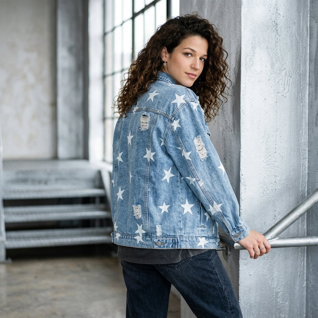 Star Print Distressed Oversized Denim Jacket