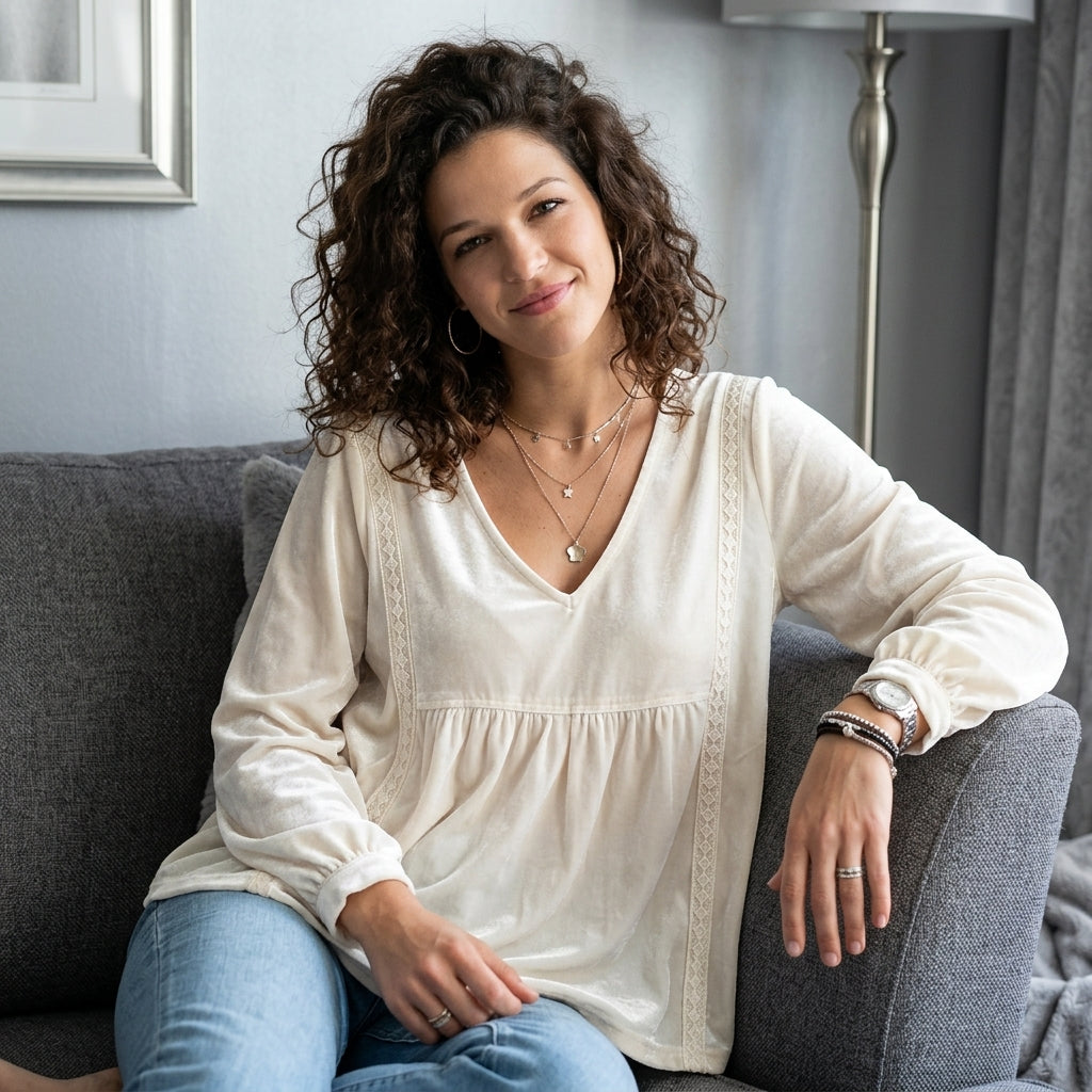 Velvet Lace Detail V-Neck Blouse