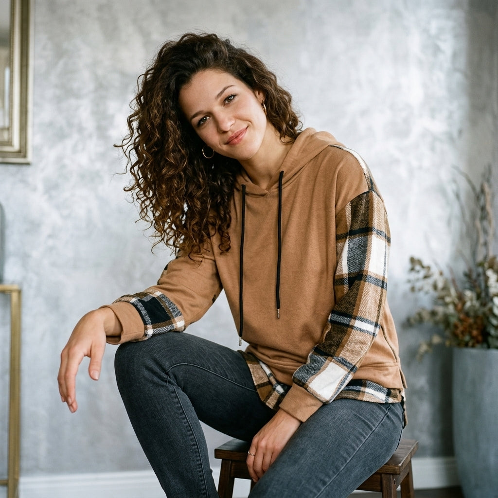 Plaid Hooded Velvet Sweatshirt