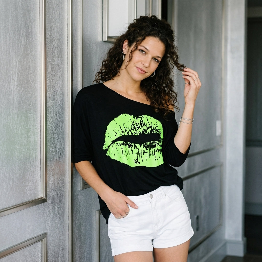 '80s Neon Lip Off-Shoulder Tee