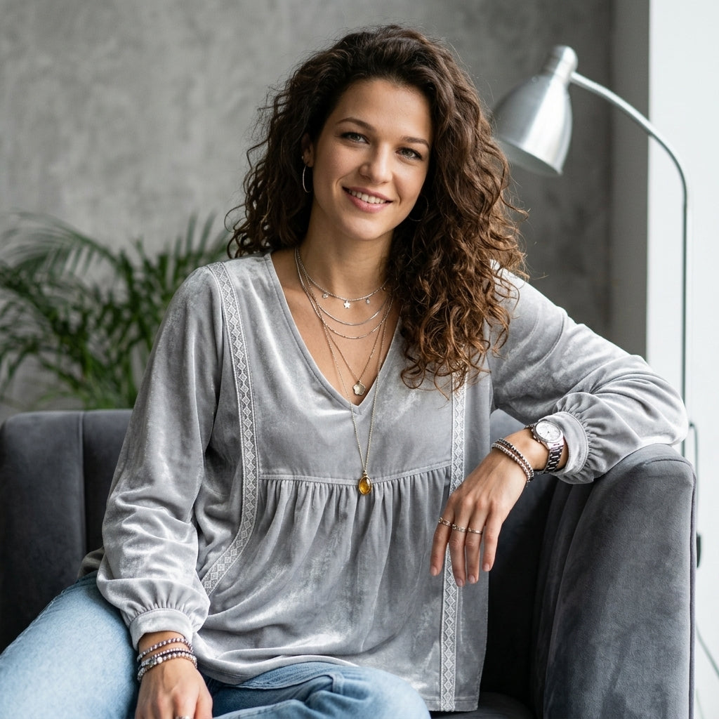 Velvet Lace Detail V-Neck Blouse
