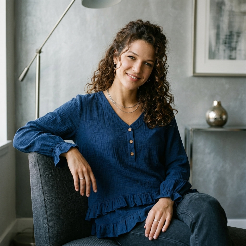 V-Neck Long Sleeve Button Detail Ruffled Hem Blouse