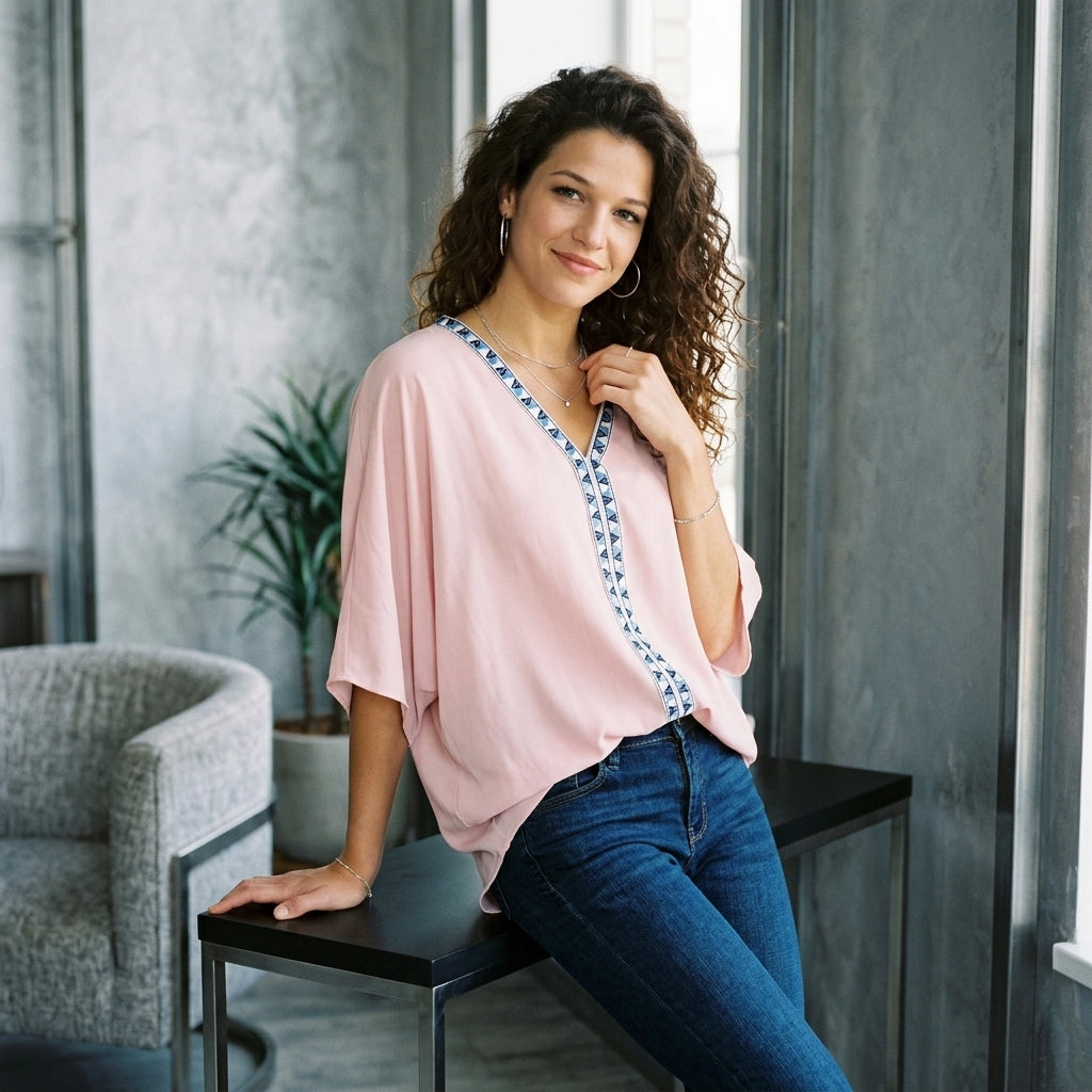 Oversized Contrast V-Neck Blouse