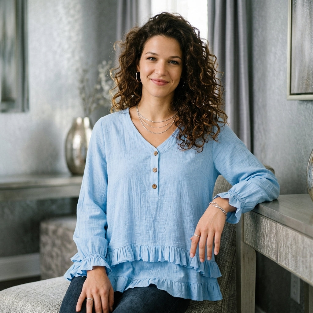 V-Neck Long Sleeve Button Detail Ruffled Hem Blouse
