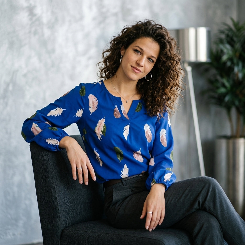 Feather Print Balloon-Sleeve Top