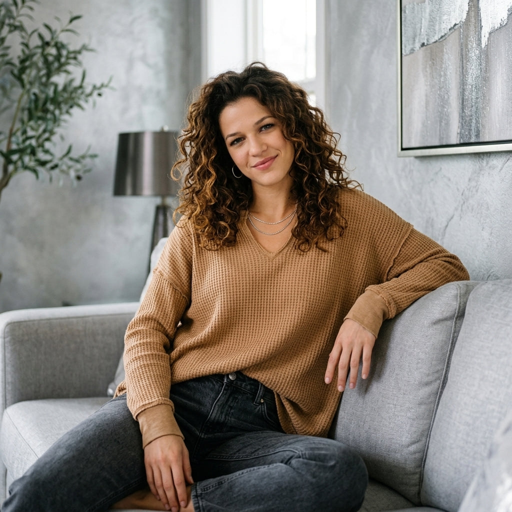Waffle-Knit Notched Long-Sleeve Tee