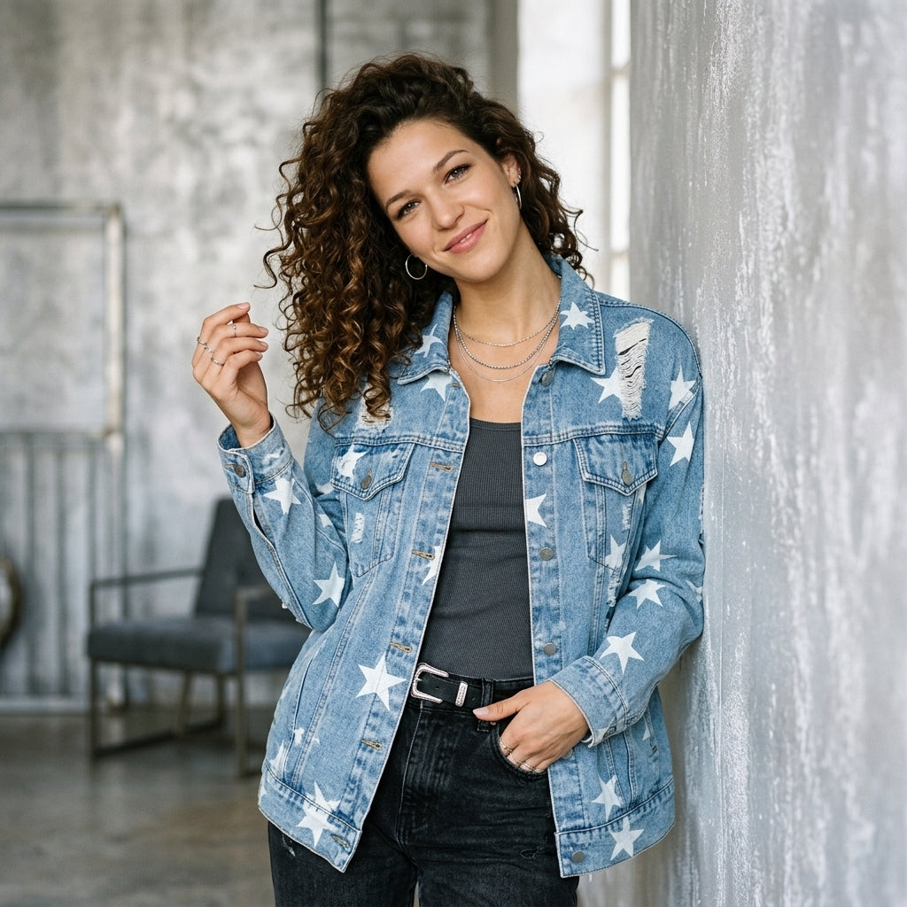 Star Print Distressed Oversized Denim Jacket