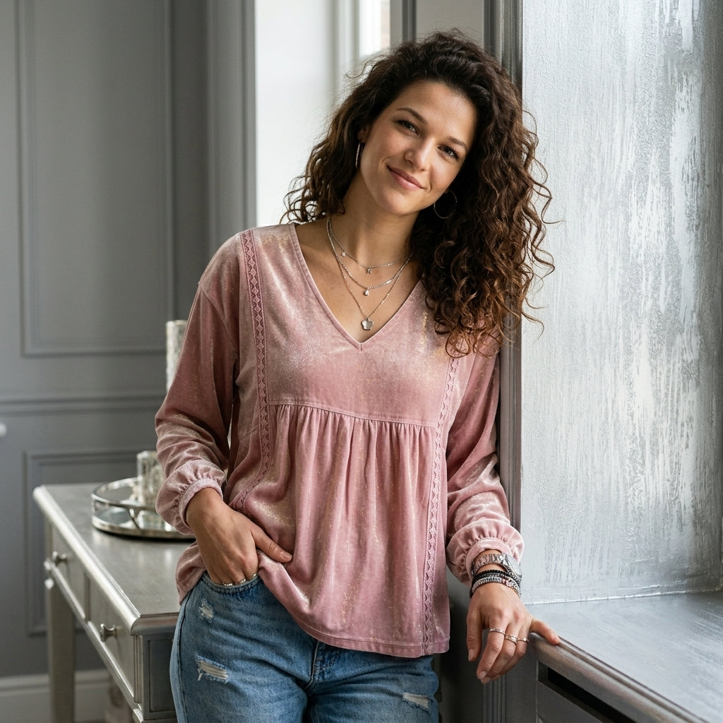 Velvet Lace Detail V-Neck Blouse