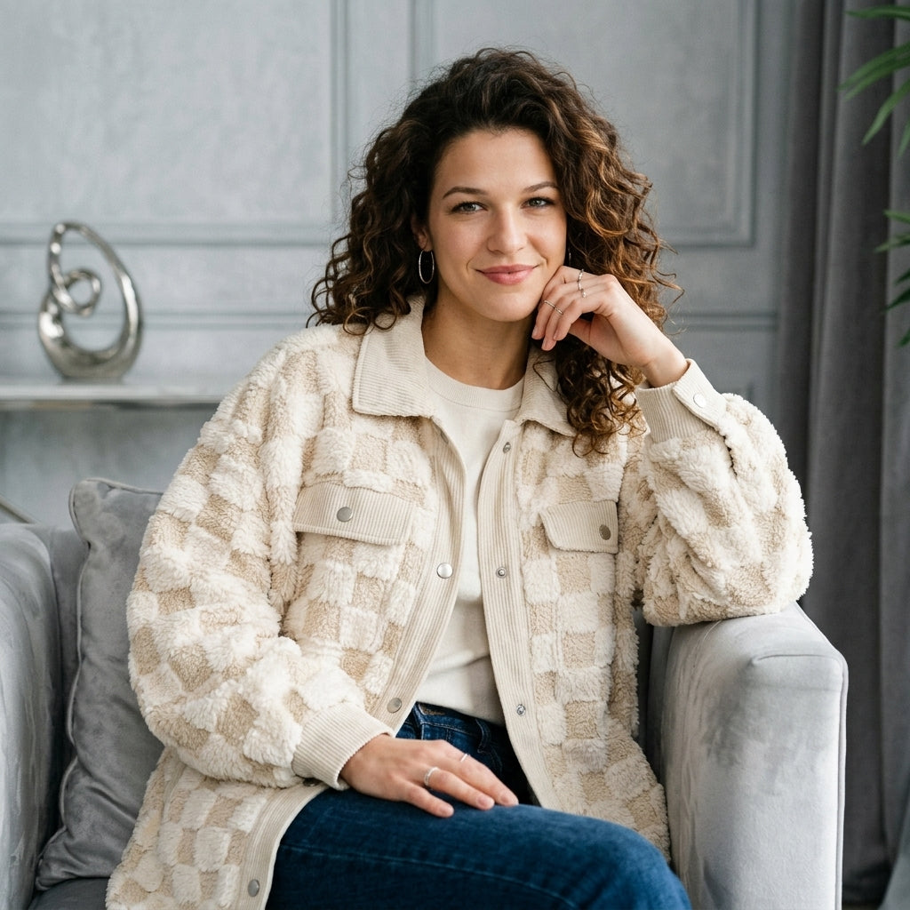 Double Take Button Up Fuzzy Checkered Shacket