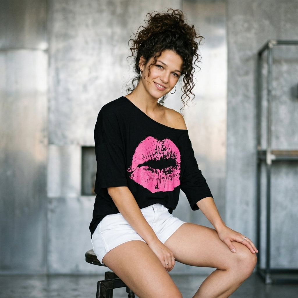 '80s Neon Lip Off-Shoulder Tee
