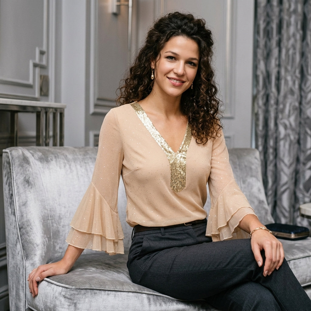 Sequin V-Neck Flounce Sleeve Blouse