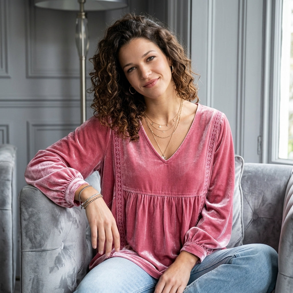 Velvet Lace Detail V-Neck Blouse