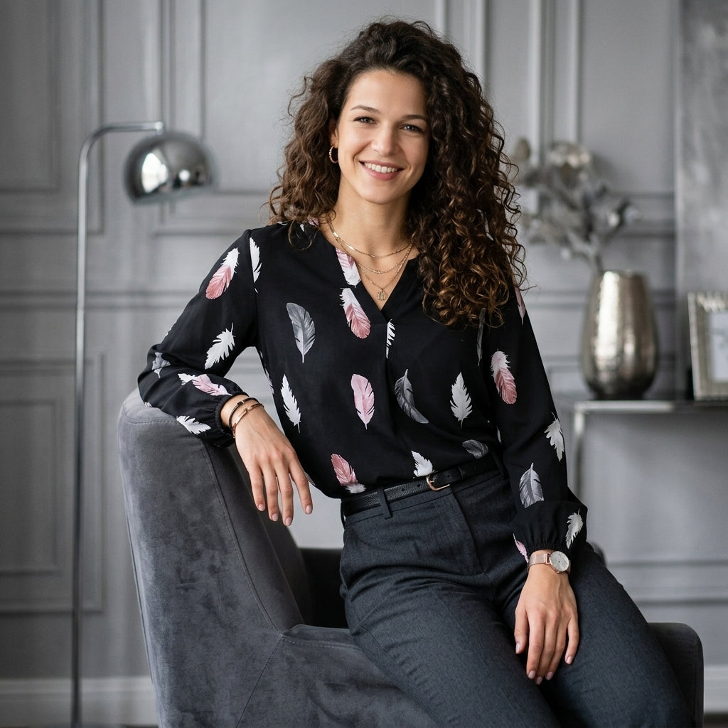 Feather Print Balloon-Sleeve Top
