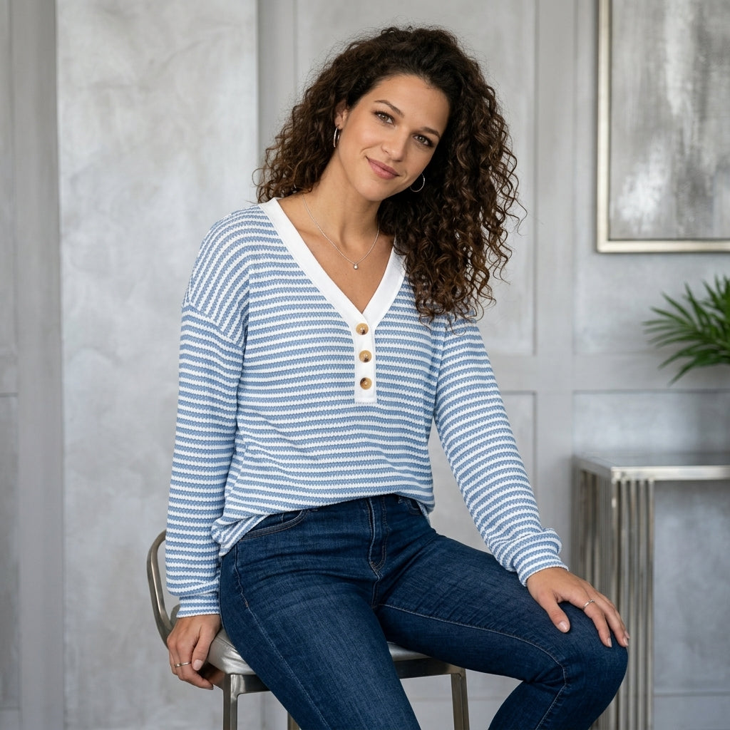 Striped Button-Front V-Neck Top